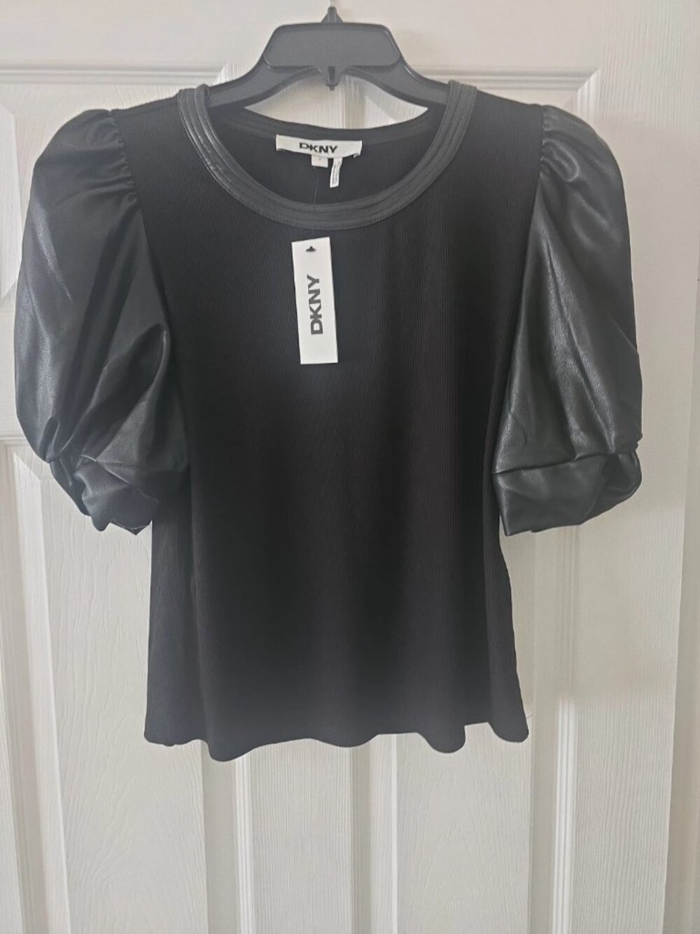 DKNY Black Faux Leathe Puff Sleeve Blouse Top Size Small, NWT